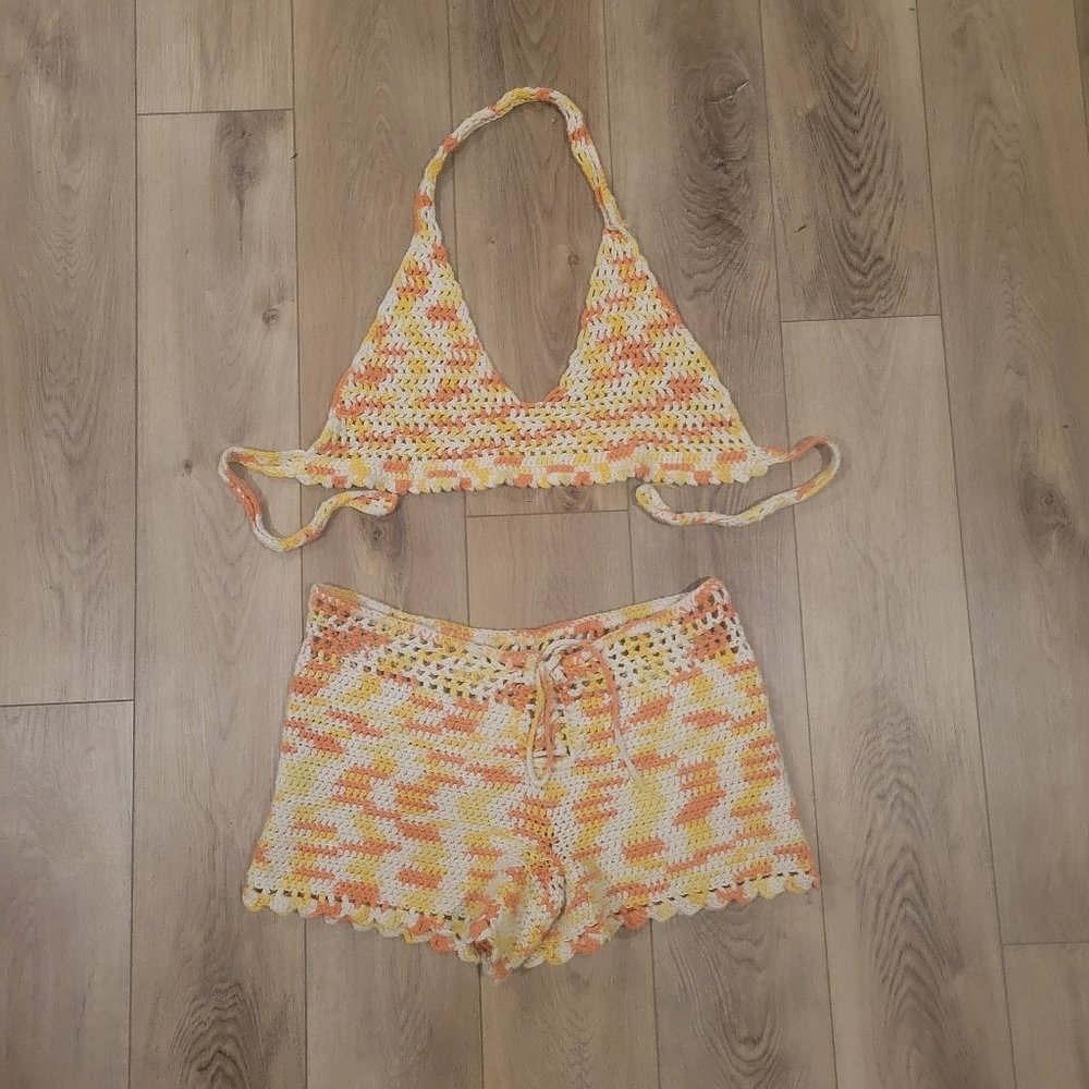 Yellow Orange White Crochet Knit Shorts and Halter Top Set